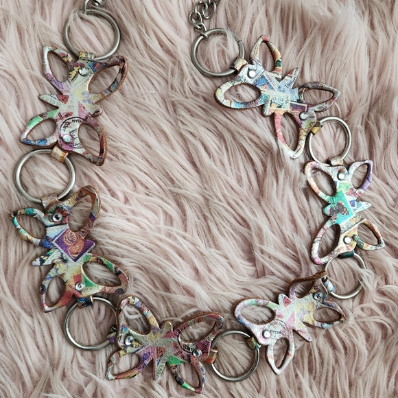 Butterfly Leather Belt Rhinestone Printed Metallic Chain Adjustable Y2K 90s - Picture 2 of 10